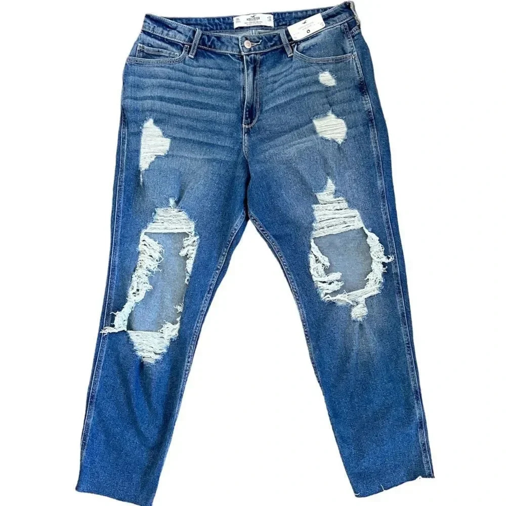 Hollister Women's Cotton Curvy High Rise Mom Distressed Jeans 32